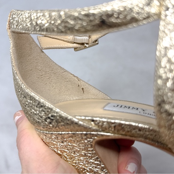Jimmy Choo April 120 Metallic Foil Leather Platform Sandal Block Heels Gold 39 - Picture 8 of 16
